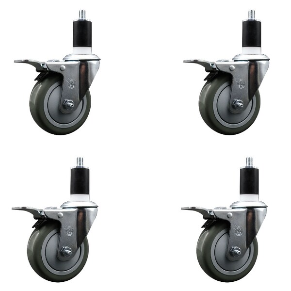 4'' SS Gray Poly Swivel 1-1/2'' Expanding Stem Caster Set Total Lock Brake, 4PK